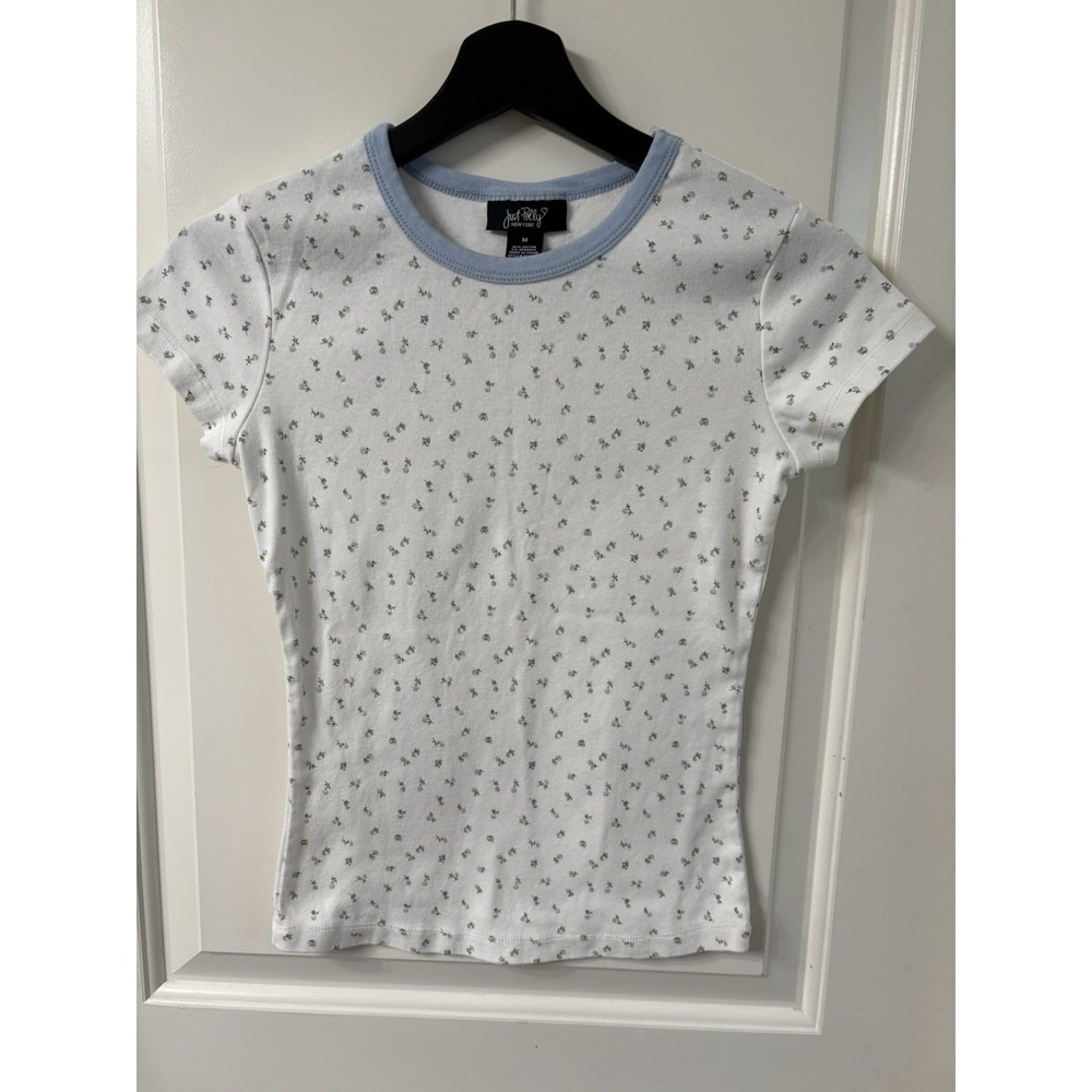 Cottagecore Floral Ribbed White Tee Soft Pastel Spring Summer Baby Tee Sz Med